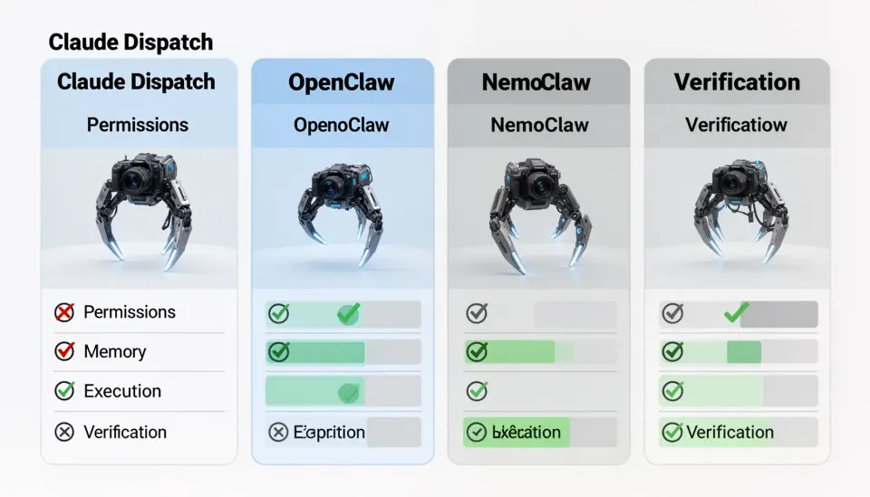 Claude Dispatch OpenClaw NemoClaw comparison: permissions, memory, execution, and verification